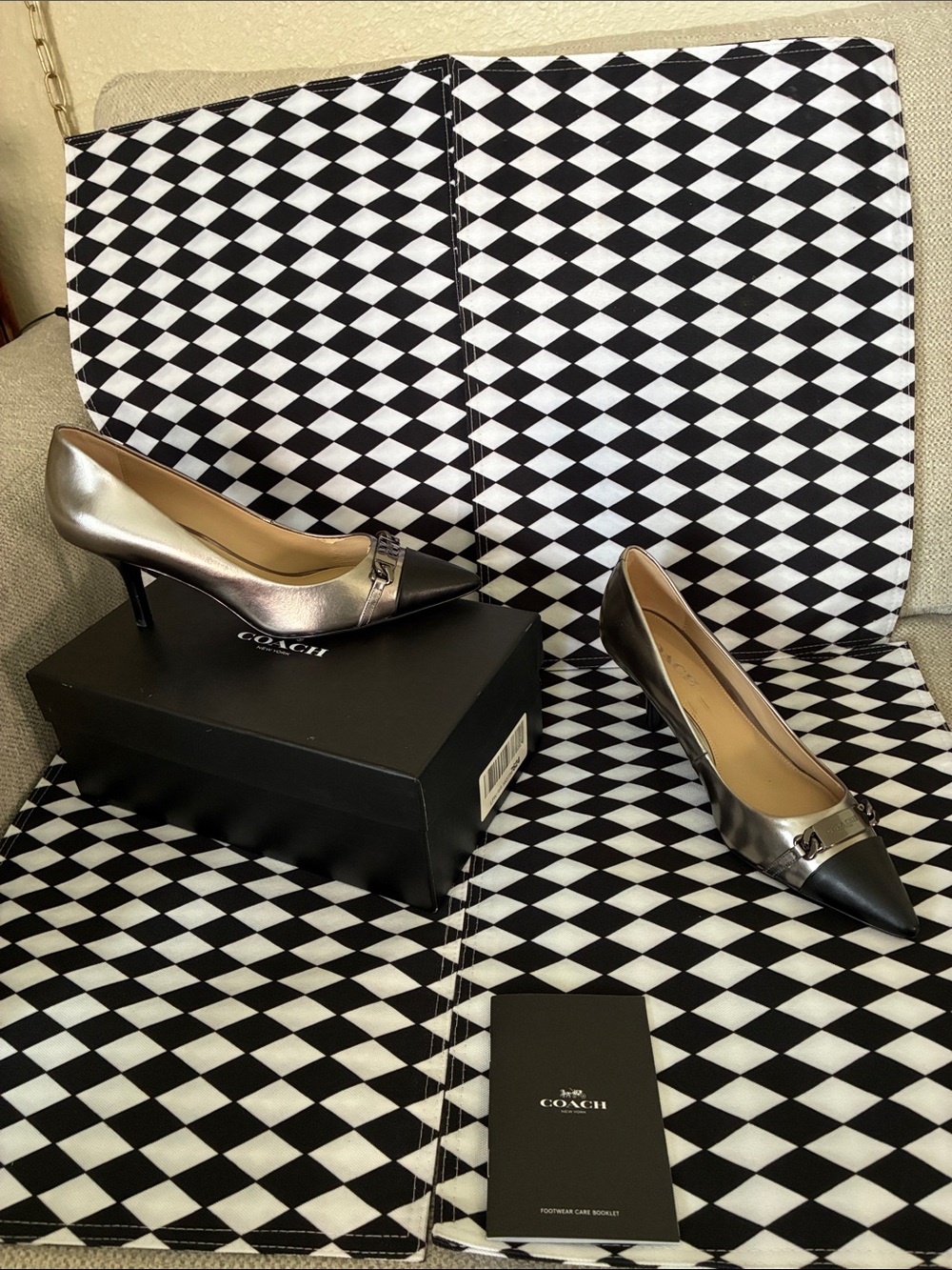 Coach Metallic Silver and Black Pointed Toe Kitten Heels